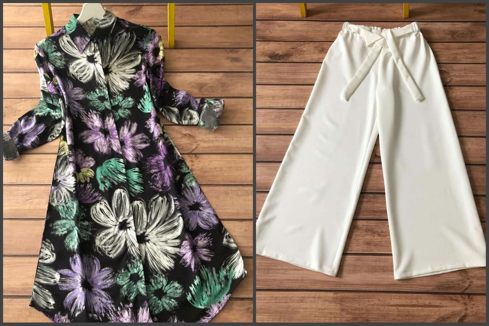 147 Kurti Plazzo-Black BG Blue White Green Flower