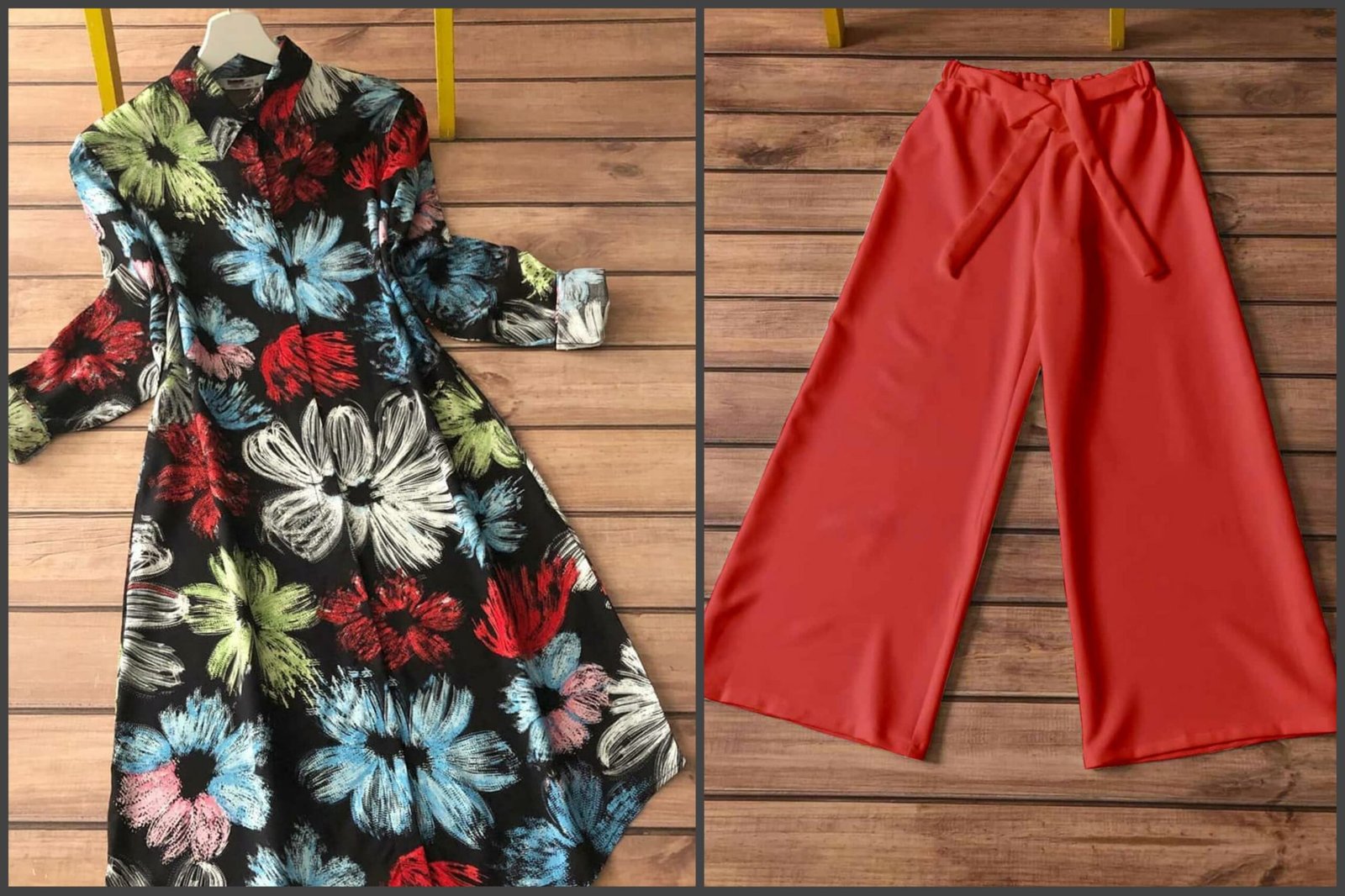 147 Kurti Plazzo-Black BG Red White Green Flower