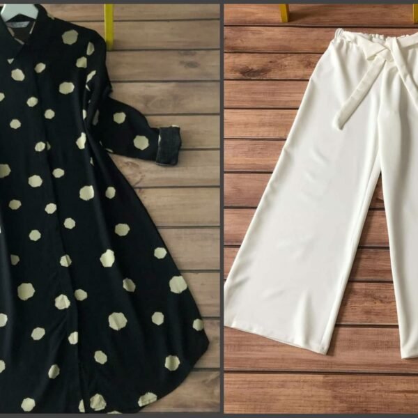 Black Polka Dot Kurti with White Palazzo Co-ord Set for Women