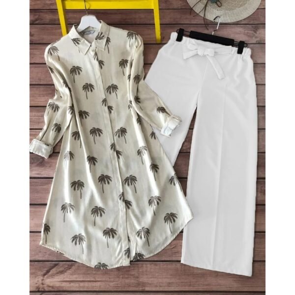 147 Kurti Plazzo-Cream Brown Coconut Tree