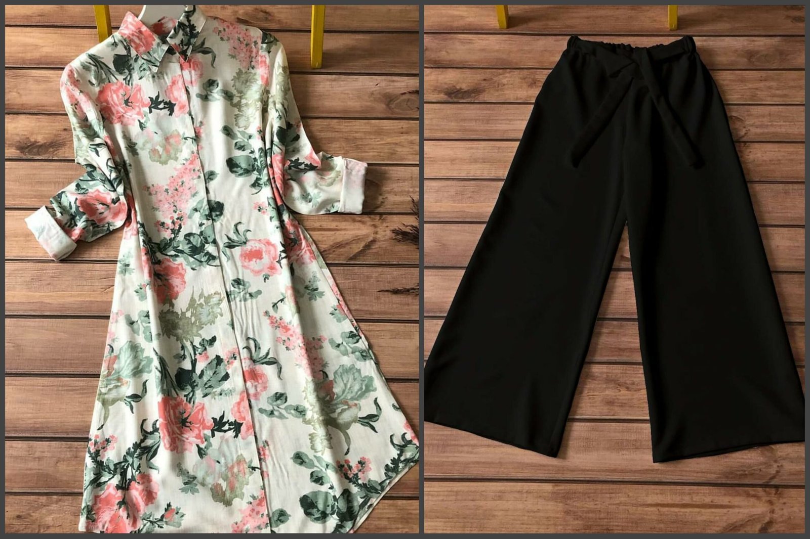 147 Kurti Plazzo-Cream Flower Red Green Leaf