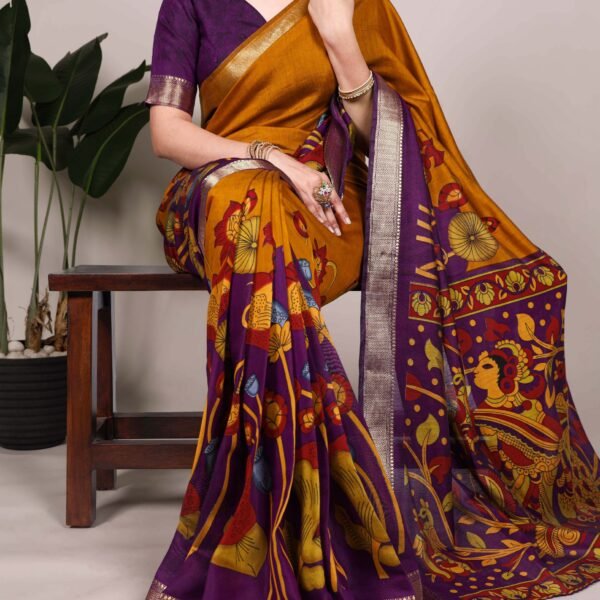 Kalamkari Floral Chanderi Saree with Zari Border | Flex Cart