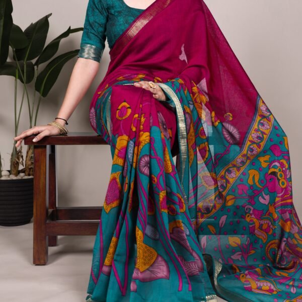 Kalamkari Floral Chanderi Saree with Zari Border | Flex Cart
