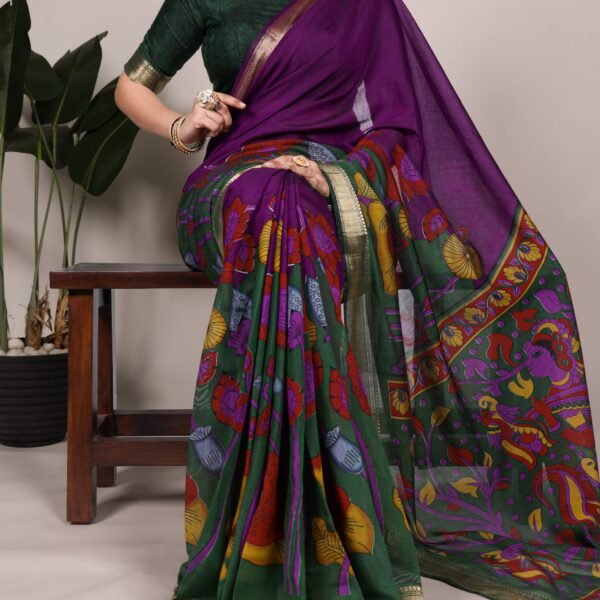 Kalamkari Floral Chanderi Saree with Zari Border | Flex Cart