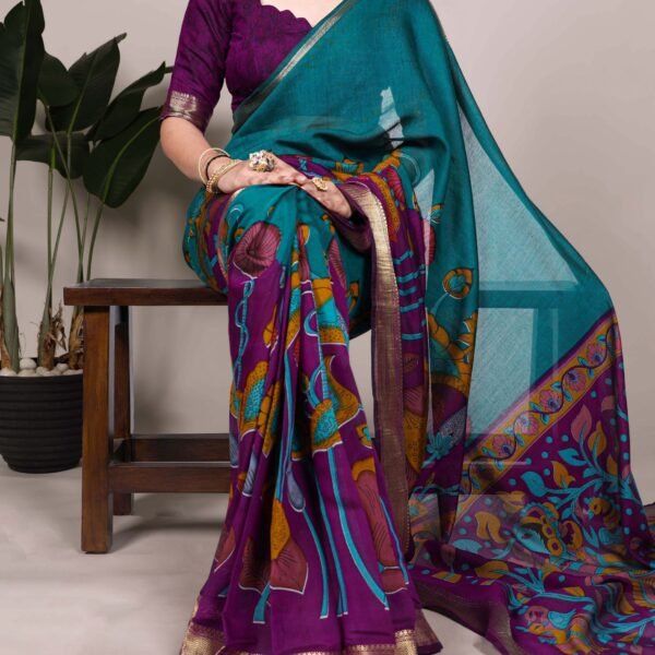Kalamkari Floral Chanderi Saree with Zari Border | Flex Cart