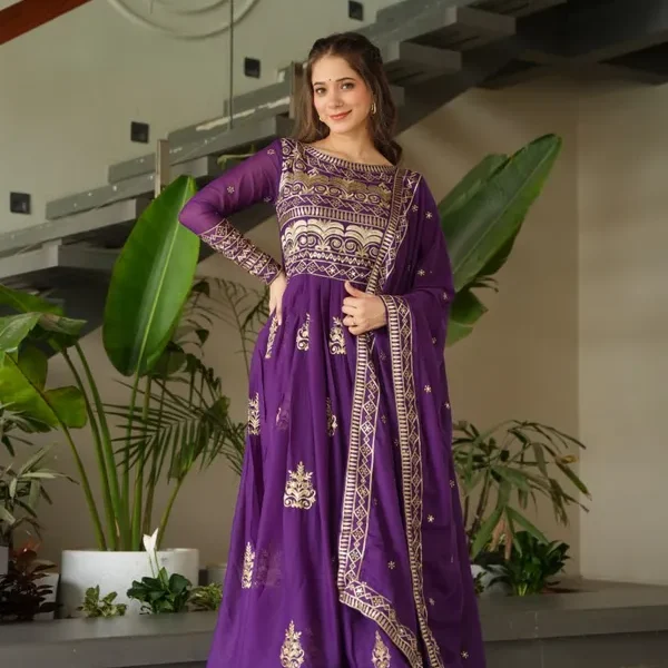 Purple Chinnon Embroidered Gown with Dupatta – Elegant Women’s Party Wear | Flex Cart