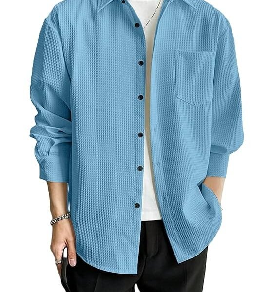 Men's Aqua Blue Seersucker Shirt | Regular Fit | Full Sleeve | Dom Neck | Lightweight Solid Design