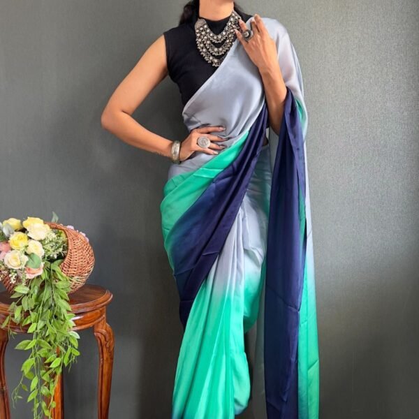 Blue Block Print Crepe Saree Set | Designer Saree ✅
