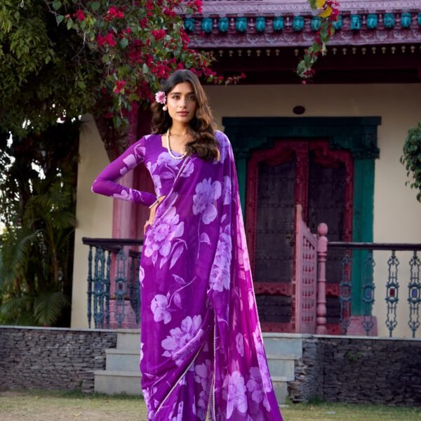 Women’s Floral Print Chiffon Saree Online | Flex Car