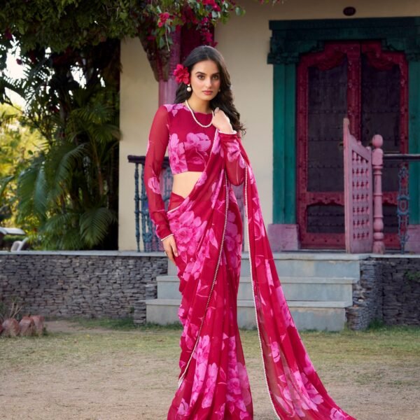 Women’s Floral Print Chiffon Saree Online | Flex Car