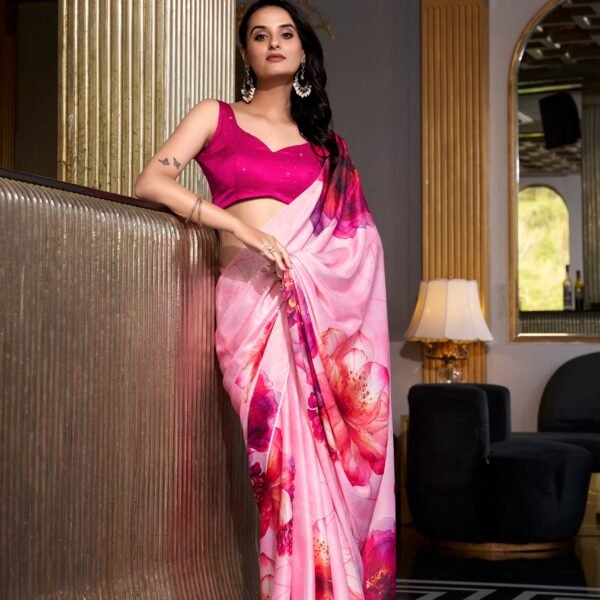 Party Wear Floral Satin Silk Saree with Blouse | Flex Cart
