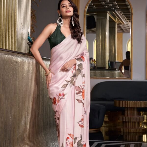 Party Wear Floral Satin Silk Saree with Blouse | Flex Cart