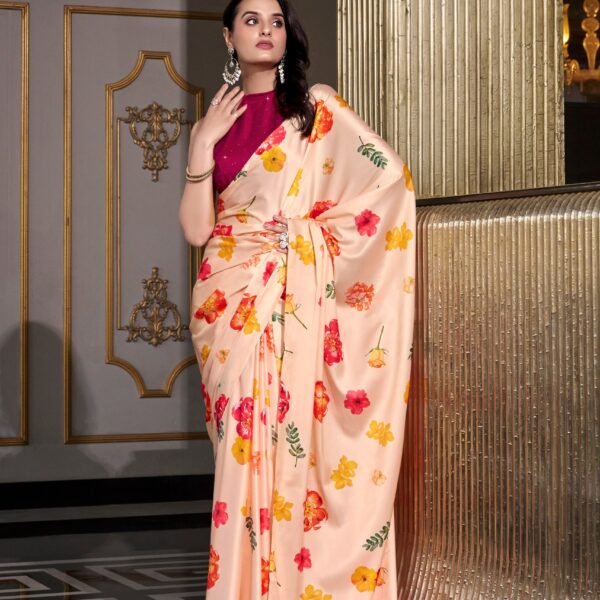 Party Wear Floral Satin Silk Saree with Blouse | Flex Cart