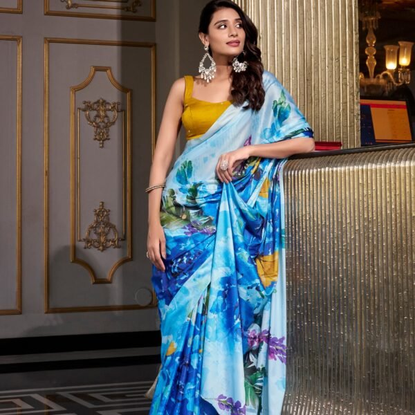 Party Wear Floral Satin Silk Saree with Blouse | Flex Cart