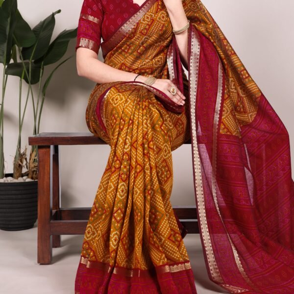 Mehendi Chanderi Bandhej Print Saree for Women | Flex Cart