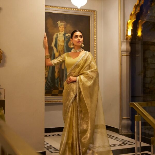 Adorable Golden Zari Weaving Tissue Silk Traditional Saree With Blouse