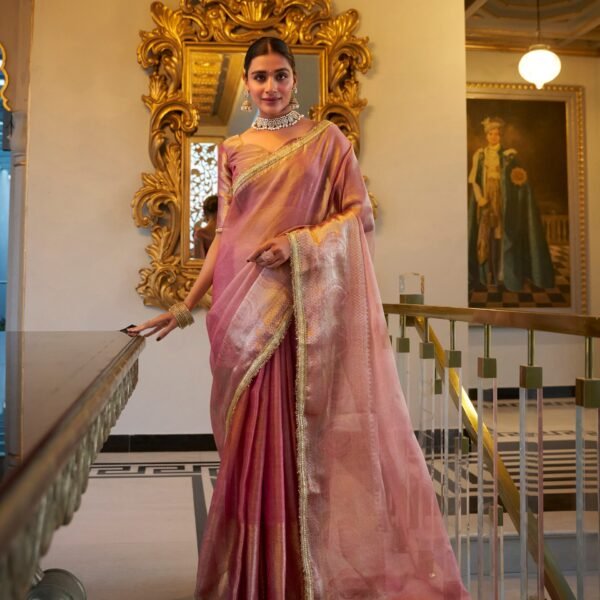 Tantalizing Light Pink Zari Weaving Tissue Silk Casual Wear Saree