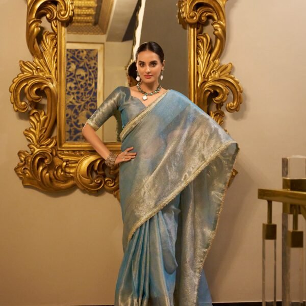 Sky Blue Zari Tissue Silk Saree | Festive Wear Saree